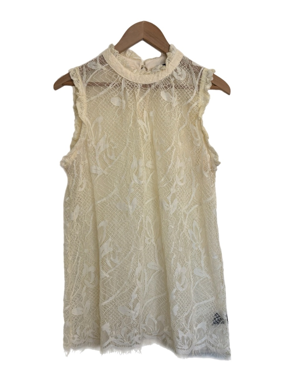 WhoWhatWear ivory lace ruffle detail sleeveless mock neck top